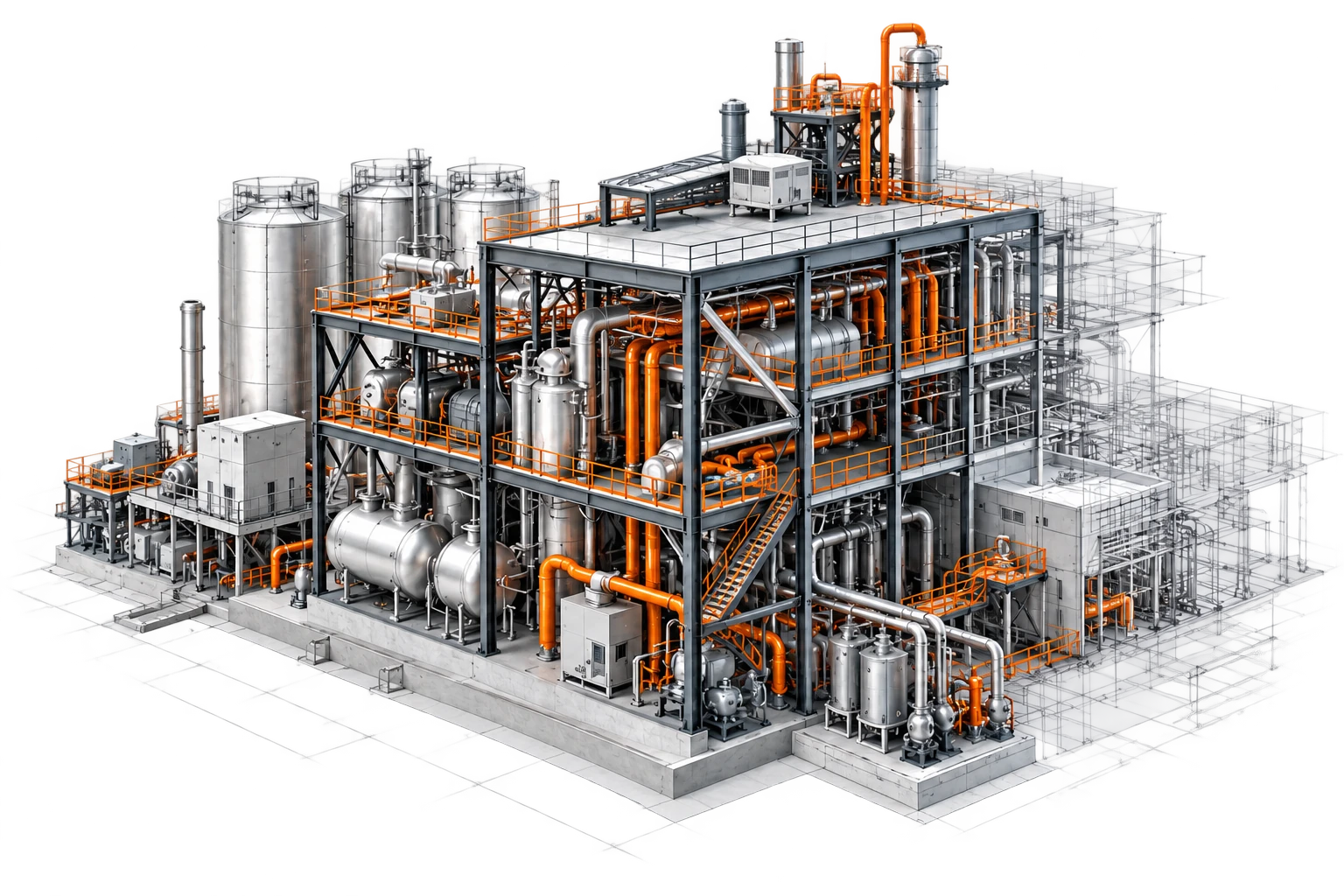 Промышленная BIM-модель: стальные конструкции, оборудование и оранжевые инженерные сети