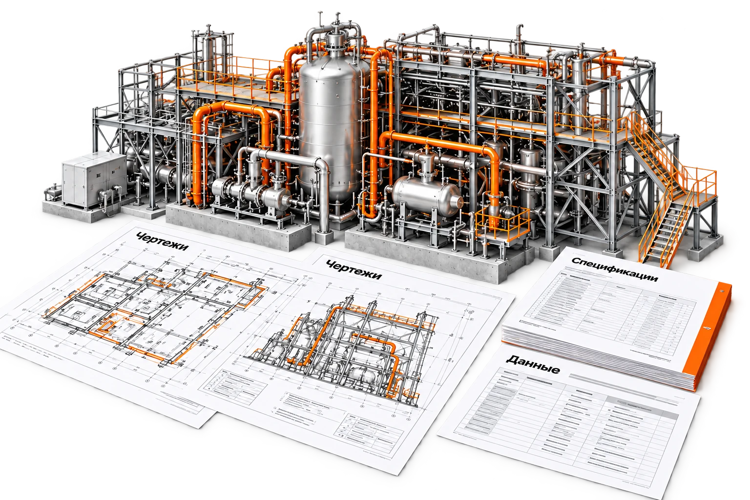 Пример комплекта BIM-материалов: промышленная модель, листы чертежей, спецификации и данные