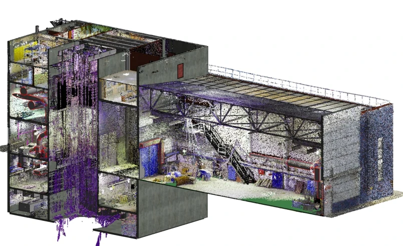 Исполнительная BIM-модель здания в разрезе с облаком точек лазерного сканирования